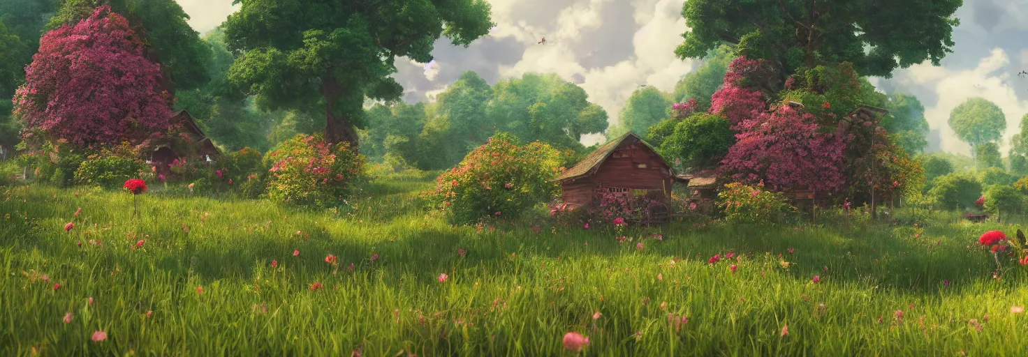 Image similar to large central crimson - black beehive in a beautiful forest meadow village landscape, flowers, happy trees, photorealistic, octane render, rtx, hdr, unreal engine, digital art widescreen 8 k, studio ghibli, bob ross, pixar, bee movie, disney