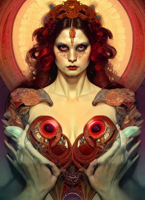 Image similar to the goddess hera looking angry, glowing eyes, paper tunic, volumetric lights, red and cyan theme, art nouveau botanicals, gothic, intricate, highly detailed, digital painting, artstation, concept art, smooth, sharp focus, symmetric face, illustration, art by artgerm and greg rutkowski and alphonse mucha