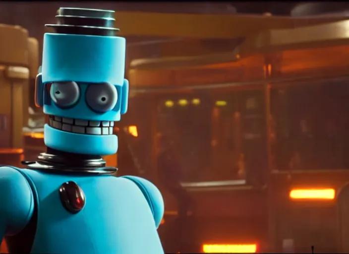 Image similar to film still of bender in the futurama live action movie, 4 k