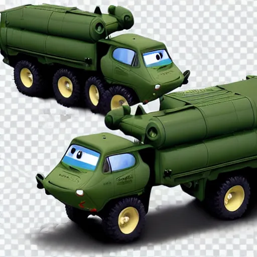 Image similar to HIMARS with rockets, Cars Pixar movie style, detailed, green