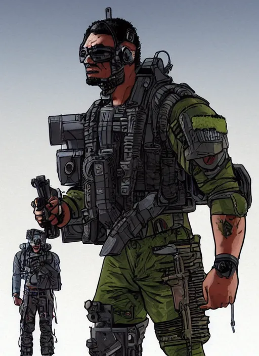 Image similar to Dangerous Tojo. buff Samoan cyberpunk mercenary wearing a cyberpunk tactical headset and military vest. AR-15. square face. Realistic Proportions. Concept art by James Gurney and Laurie Greasley. Moody Industrial skyline. ArtstationHQ. Creative character design for cyberpunk 2077.