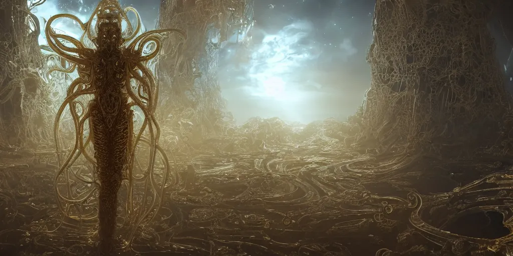 Prompt: a photo of ultra realistic corrupted lovecraftian golden humanoid queen standing next to a spaceship window overlooking earth, 8 intricate white and gold tentacles, ornate white and gold armour, cinematic lighting, trending on artstation, 4k, hyperrealistic, focused, extreme details, unreal engine 5, cinematic, masterpiece