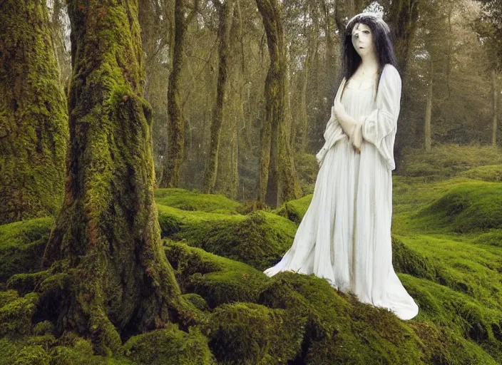 Prompt: a mossy wood, trolls peaking out behind the trees, a young woman with long hair dressed in a white dress sits in the grass, in the style of John Bauer,