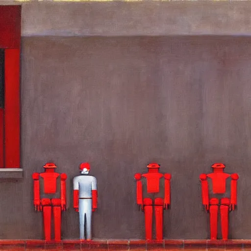 Image similar to red robots queue up in a drab brutalist town, street elevation, grant wood, pj crook, edward hopper, oil on canvas