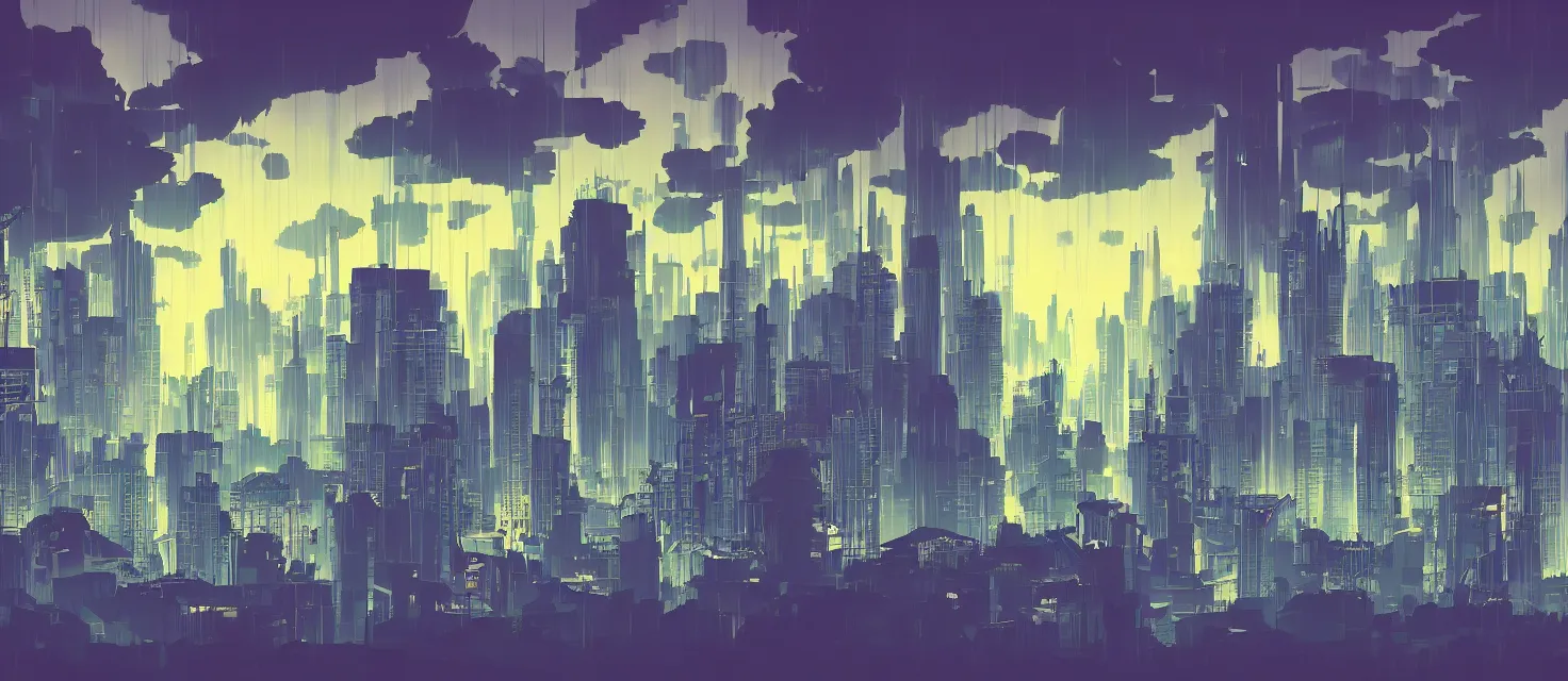 Prompt: Wide shot of a silhouette watching a sci-fi city with abstracts clouds over skyscrapers, night time, 2D, 8bits graphics, SNES game style, heavy colors compression, low saturation, very noisy, gradient, weird space, crushed quality