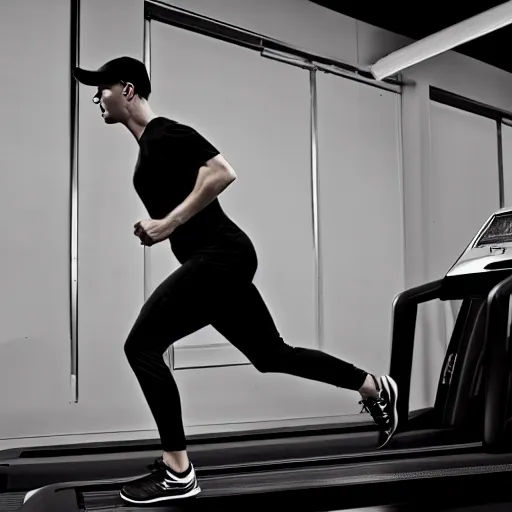 Prompt: an attractive man in a black t-shirt and wearing a black baseball cap running on a treadmill in a gym by Edward Hopper