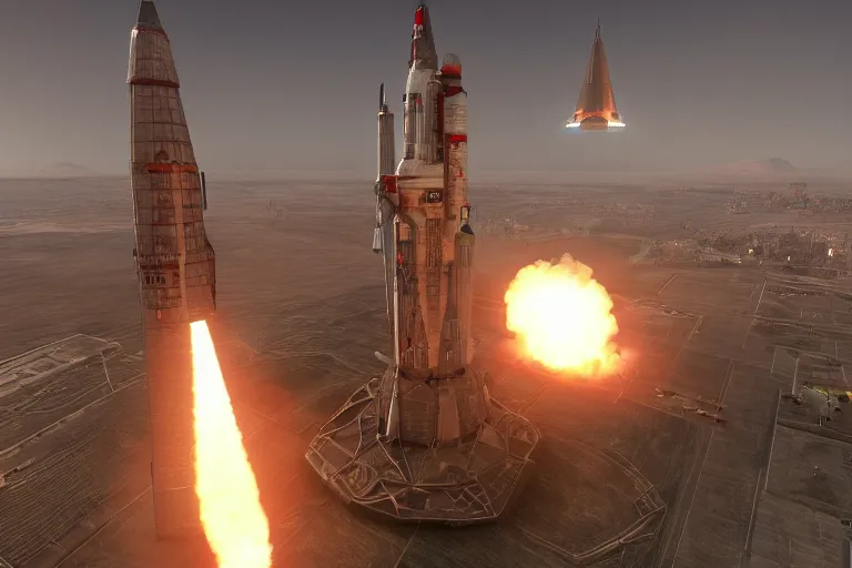 Prompt: space rocket as kremlin tower, comes off the ground, command and conquer red alert 2 0 2 4 remaster, graphics mod, unreal engine 5, insanely detailed, raytracing, octane, unreal engine, trending on artstation