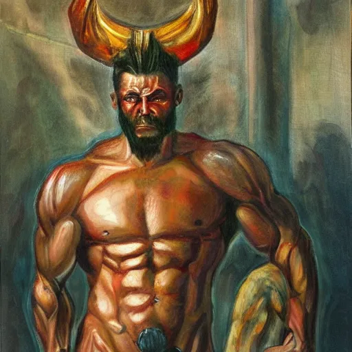 Image similar to a hot muscular cambian demon man in a great hall, portrait, realistic painting