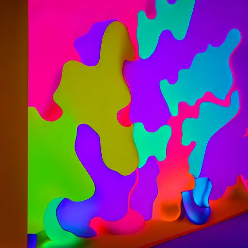 Image similar to : colorful abstract melty sculpture art on the wall in modern architecture studio, cinematic lighting, hyper - realistic, detailed, render by c 4 d octane, unreal engine, 8 k 3 d render