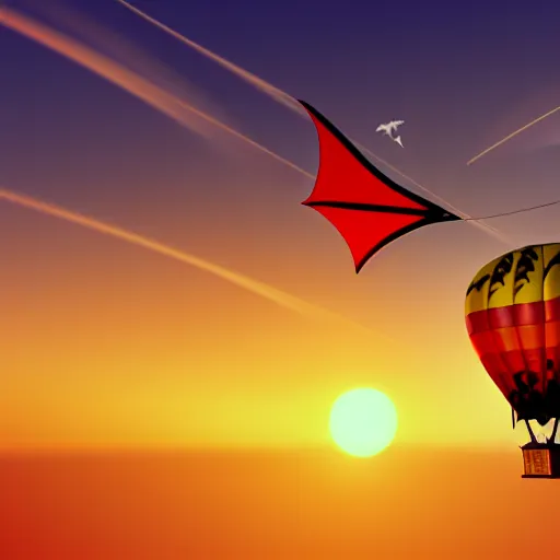 Prompt: 3D render of a medieval flying dragon attacking a hot air balloon during sunset, extremely detailed, 4K