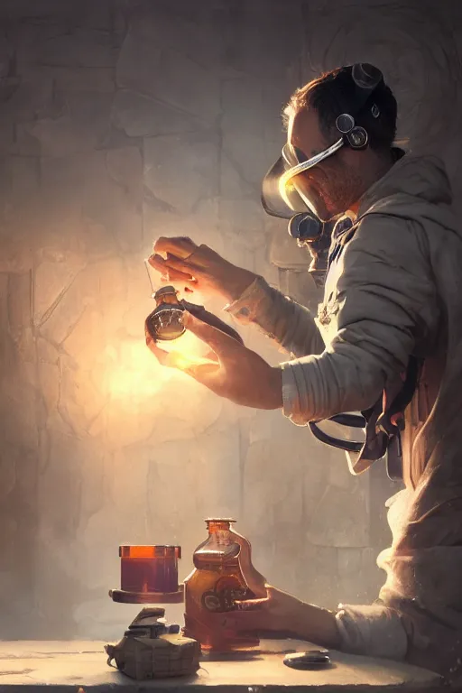 Image similar to An Alchemist inspecting a potion in his hand with goggles on by Greg Rutkowski, 4k photorealistic, volumetric lighting, HD, high details, dramatic, trending on artstation