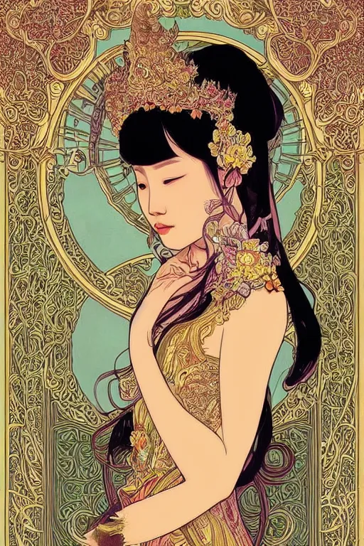 Image similar to beautiful and detailed digital illustration of thai princess by kittichai rueangchaichan, floralpunk, Artstation, art nouveau aesthetic, Alphonse Mucha background, intricate details,concept art, realistic, dramatic, detailed intricate ink illustration, heavenly atmosphere