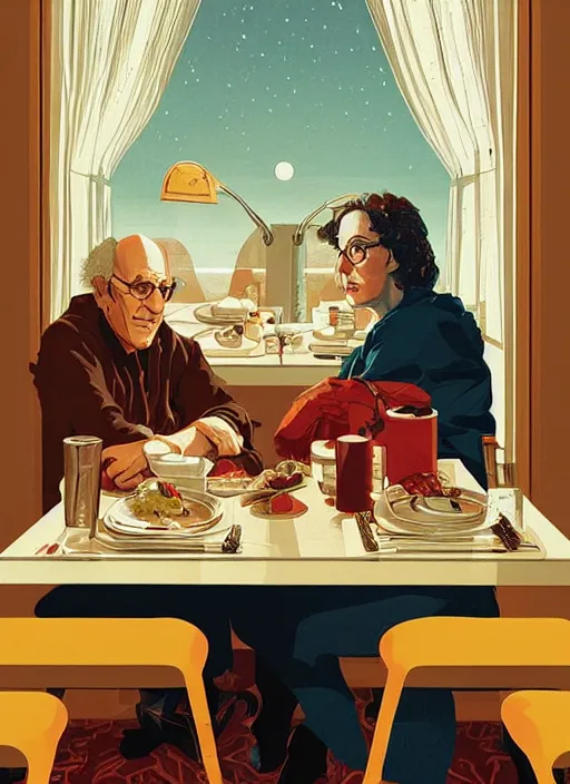 Prompt: poster artwork by Michael Whelan and Tomer Hanuka, Karol Bak of Larry David sitting along in the diner, from scene from Twin Peaks, clean, simple illustration, nostalgic, domestic, full of details