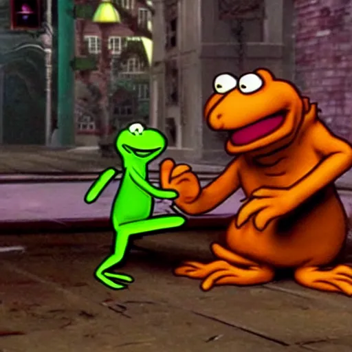 Image similar to garfield fights kermit in mortal kombat 2 0 7 7