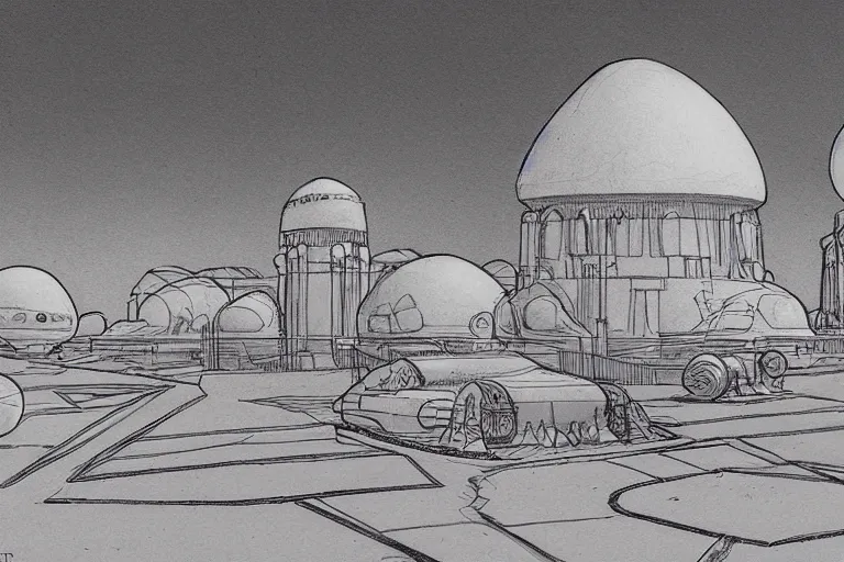 Image similar to desert palace concept sketch by joe johnston and nilo rodis - jamero and ralph mcquarrie and norman reynolds