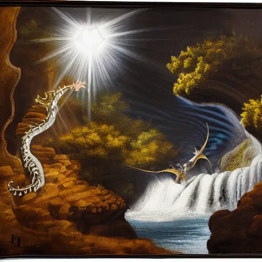 Image similar to oil painting of a dragon flying in the air near a cave with a waterfall in the center, light emanating from the waterfall leading to a big pool of water, dragon has black and white stripes, elegant, sharp focus, wide shot, clear, detailed, early renaissance