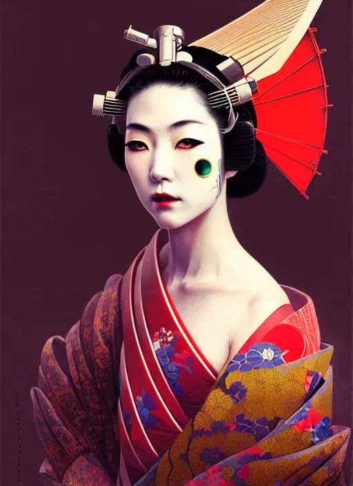 Prompt: sensual japanese geisha wearing vr eyepiece, robotic, android, cyborg, cyberpunk face, steampunk, fantasy, intricate, elegant, highly detailed, colorful, vivid color, digital photography, cinematic lighting, artstation, concept art, art by artgerm and greg rutkowski and ruan jia,