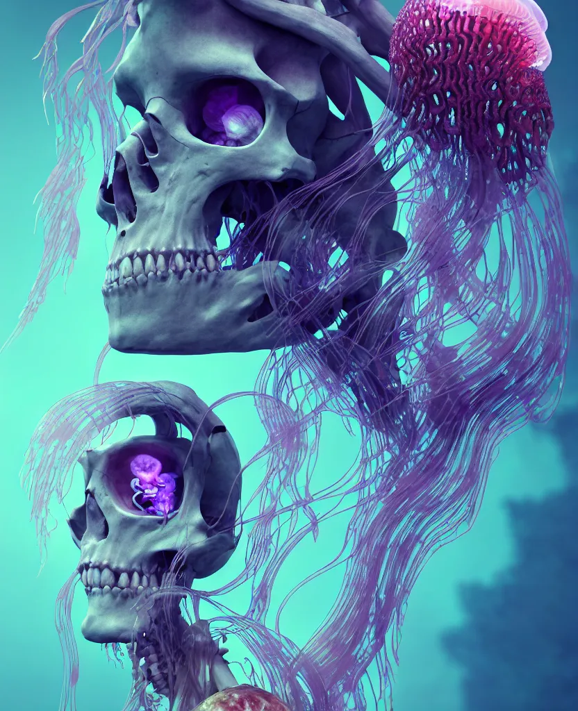 Image similar to goddess close - up portrait human skeleton, ram skull, jellyfish, orchid, betta fish, bioluminiscent, intricate artwork by tooth wu and wlop and beeple. octane render, trending on artstation, greg rutkowski very coherent symmetrical artwork. cinematic, hyper realism, high detail, octane render, 8 k