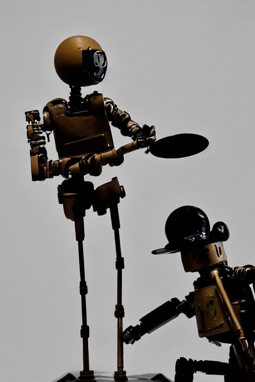 Image similar to a cinematic photo shot of a beautiful 1 : 6 scale threea toys figurine by ashley wood, world war one robot playing drums and electric guitar, black background, museum light, dark mood