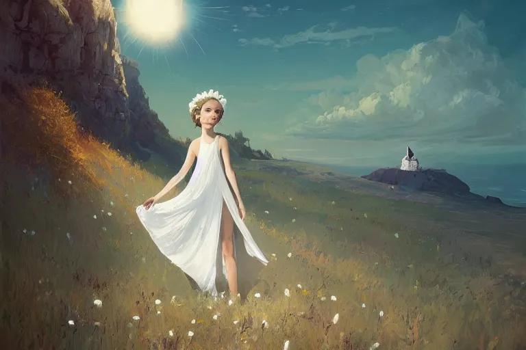 Prompt: huge white daisy flower as a crown, girl standing on cliff, surreal photography, solar eclipse, stars, dramatic light, impressionist painting, clouds, digital painting, artstation, james gilleard, liam wong, jeremy mann, simon stalenhag