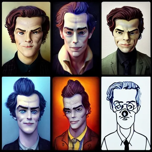 Image similar to Lofi portrait of Sam heughan, Pixar style by Joe Fenton and Stanley Artgerm and Tom Bagshaw and Tim Burton