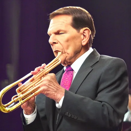 Prompt: kenneth copeland playing trumpet in church