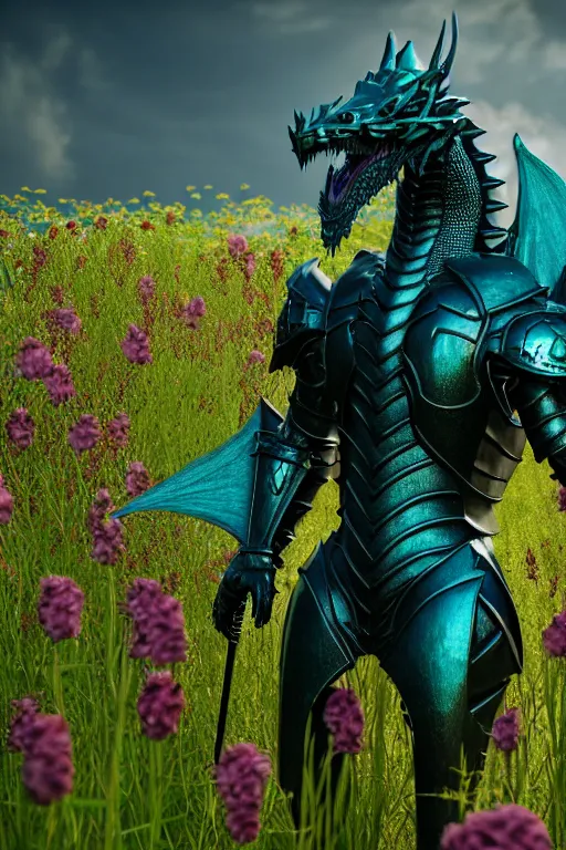 Image similar to high quality 3 d neo - gothic armored human dragon hybrid holding sword in a field of flowers, highly detailed unreal engine, vitaly bulgarov dramatic dark teal light, ground angle uhd 8 k, sharp focus