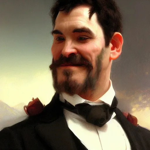 Prompt: detailed portrait painting of gentleman orc wearing tuxedo by William-Adolphe Bouguereau and Thomas Kinkade and Ted Nasmith, Booru, artstation, deviantart, fantasy character