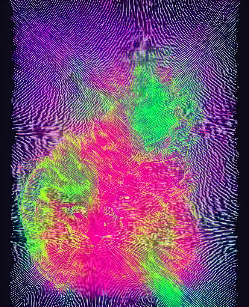 Image similar to highly detailed high resolution stacked plot of radio emissions from a pulsar, abstracted light refractions and stripy interference, making up a fluffy cat, silk screen t-shirt design in the style of FELIPE PANTONE 4K