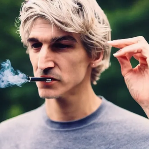 Image similar to a closeup photo of really handsome xqc smoking,