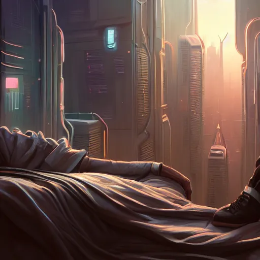 Prompt: an intricate concept art illustration, middle shot, a man in his bed wearing a lab gown with electronic wires, overlooking a futuristic city, concept art, style by dylan cole and tyler edlin art, hyper realistic, sci - fi, cinematic, low - angle shot, unreal engine, epic lighting, artstation