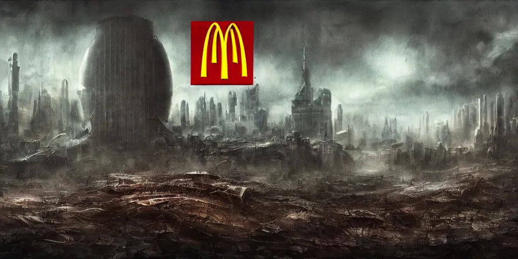 Prompt: dystopia where mcdonald's took over and ruled with an iron fist, award winning art, epic fantasy landscape, art print, science fiction, ultra realistic,