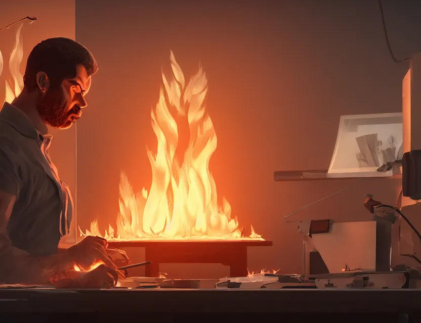 Prompt: a man works at a workstation in a very hot office with burning fires, close up, featured in artstation, octane render, intricate, ultra detailed, fantasy, concept art, wide - angle lens, sharp focus, illustration, 8 k