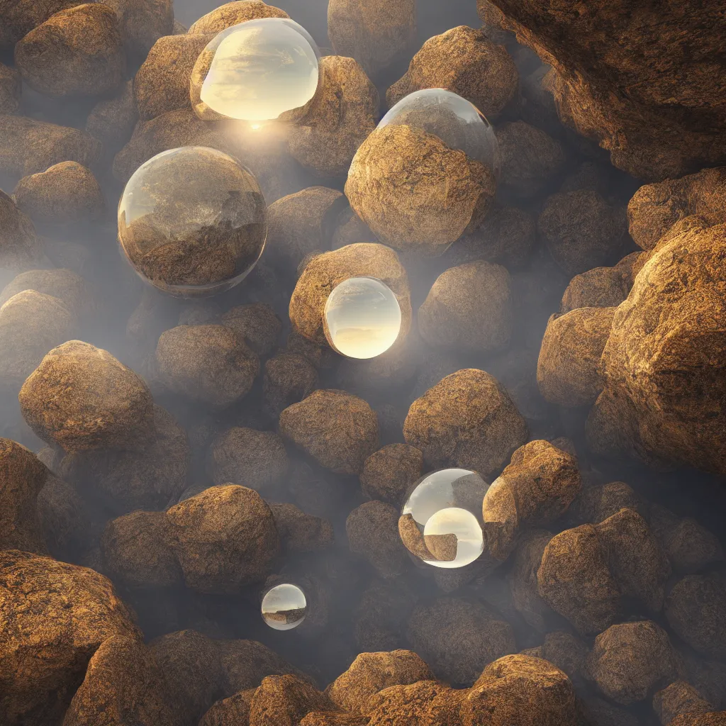 Prompt: Photorealistic symmetrical 20mm film photo of a giant floating glass sphere, a gentle rising mist, an epic rocky landscape. symmetry, UHD, amazing depth, glowing, golden ratio, 3D octane cycle unreal engine 5, volumetric lighting, cinematic lighting, cgstation artstation concept art