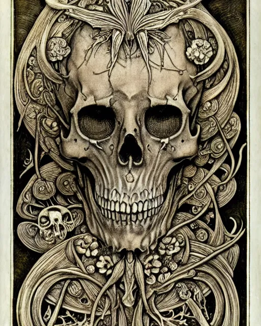 Image similar to memento mori by arthur rackham, art forms of nature by ernst haeckel, exquisitely detailed, art nouveau, gothic, ornately carved beautiful skull dominant, intricately carved antique bone, art nouveau botanicals, ornamental bone carvings, art forms of nature by ernst haeckel, horizontal symmetry, arthur rackham, ernst haeckel, symbolist, visionary