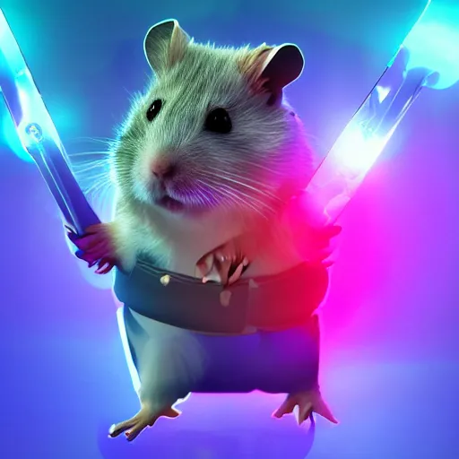 Image similar to cyberpunk hamster! holding rainbow! gem! crystal, neon lights, light reflection, 8 k, hd