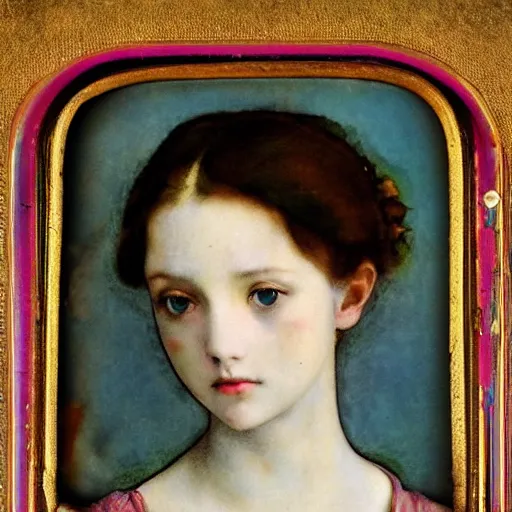 Image similar to a beautiful young lady with huge bright silver eyes, colored vintage daguerreotype by pontormo, by gustave moreau, by Mackintosh, by schiele, art noveau, highly detailed, strong lights, liminal, eerie, Bright pastel colors