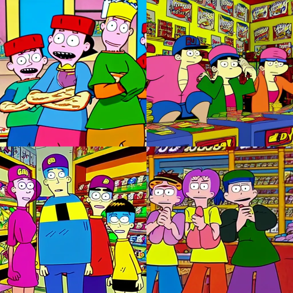 Prompt: Ed, Edd and Eddy at the candy store