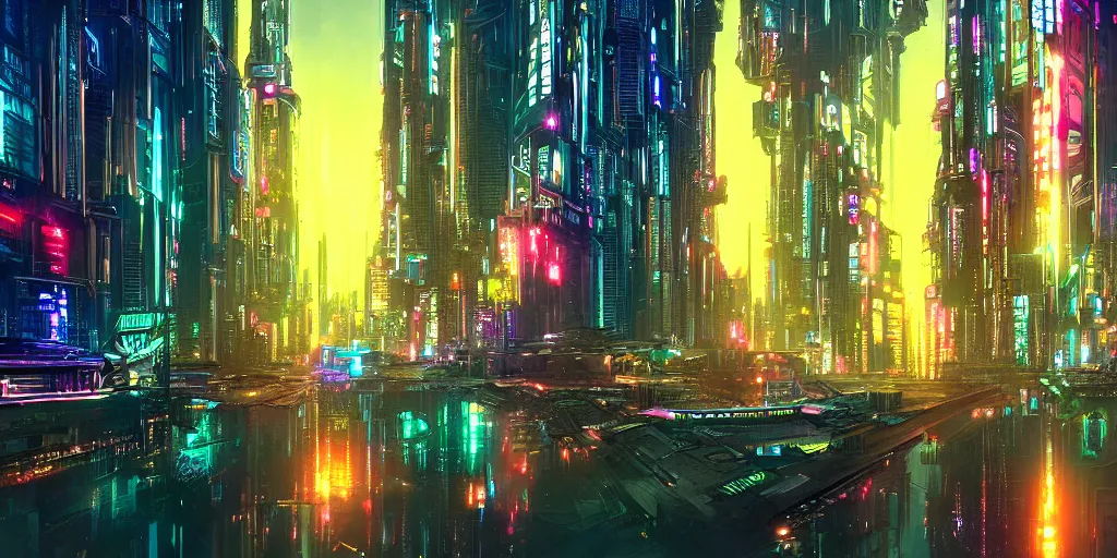 Prompt: a digital painting of a cyberpunk city at night surrounded by a glistening lake by stephan martiniere, artstation, deviantart, utopian art deco, saturated, hyper colorful