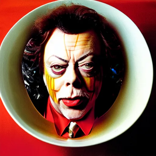 Image similar to uhd tim curry in a bowl of curry. photo by annie leibowitz