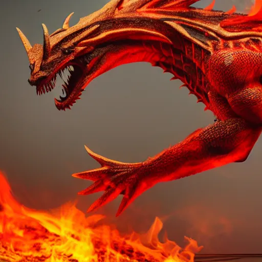 Prompt: photo of dragon with red skin, fire, 4 k