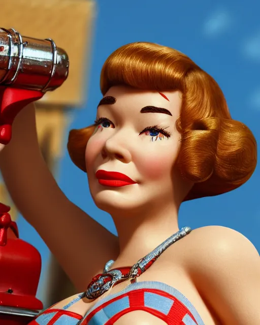 Image similar to highly detailed closeup, face profile portrait of a tin toy retro 1 9 5 0 s shirley maclaine, bikini, depth of field, fashion photoshoot by max fleischer, breathtaking, detailed and intricate environment, 8 k resolution, hyperrealistic, octane render