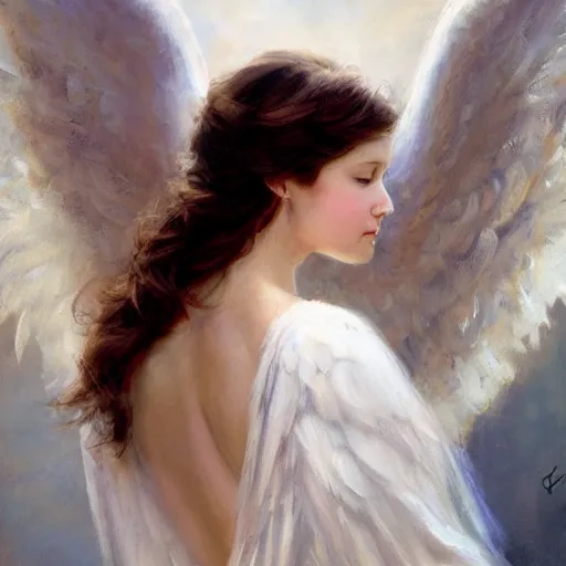 Image similar to a beautiful portrait of an angel with pretty face and her huge white wings spread out painted by gerhartz, highly detailed, beautiful, back lit, graceful and elegant, ethereal.