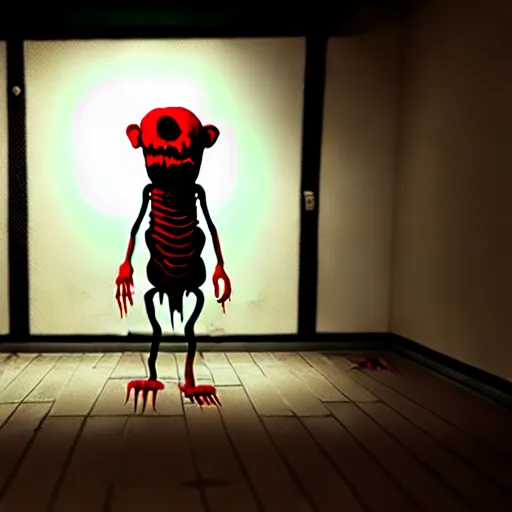 Prompt: render of new butcher monster of little nightmares 2, placed in a bloody hall, body parts, heads, legs, arms, octane render, scary, horror atmosphere