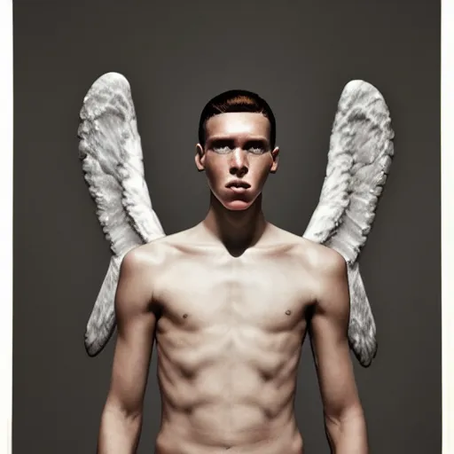 Prompt: a portrait of a beautiful athletic young male iridiscent angel , photographed by erwin olaf, artistic