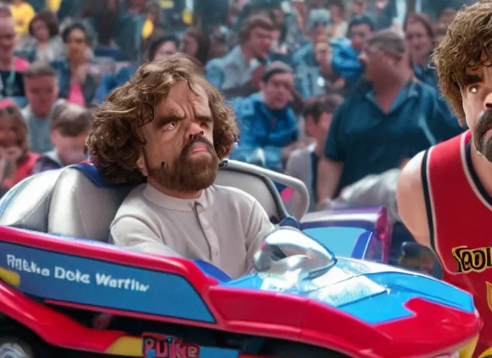 Prompt: peter dinklage racing patrick ewing driving a little tikes cars, movie still, from the new fast and furious movie, 8 k, realistic