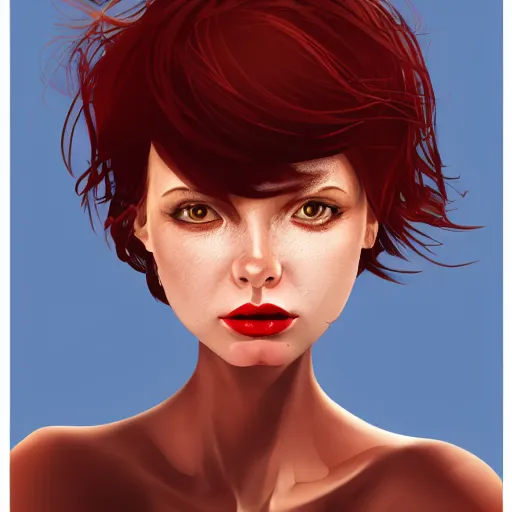 Prompt: girl with medium length red hair. thin face, red lips brown eyes. centered median photoshop filter cutout vector behance hd jesper ejsing!