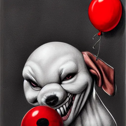 Image similar to surrealism grunge cartoon portrait sketch of a dog with a wide smile and a red balloon by - michael karcz, loony toons style, pennywise style, horror theme, detailed, elegant, intricate