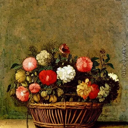 Prompt: basket of flowers, oil painting by leonardo da vinci, - n 4