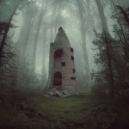 Image similar to wide angle shot of a ancient tower in a clearing of a fairytale forest, ethereal, pastel tones, mist and fog, concept art, blender render, highly detailed, 4 k, 8 k, artstation